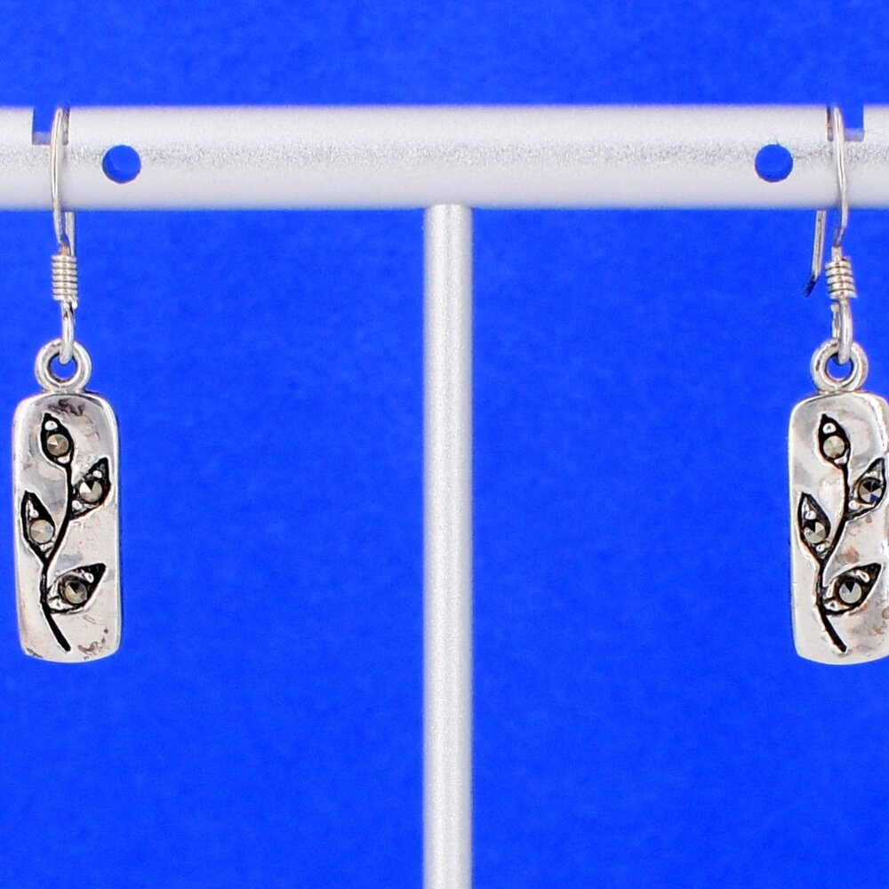 Leaves, Marcasite Stones Sterling Silver Dangle Ear Wire Earrings Vintage Pair